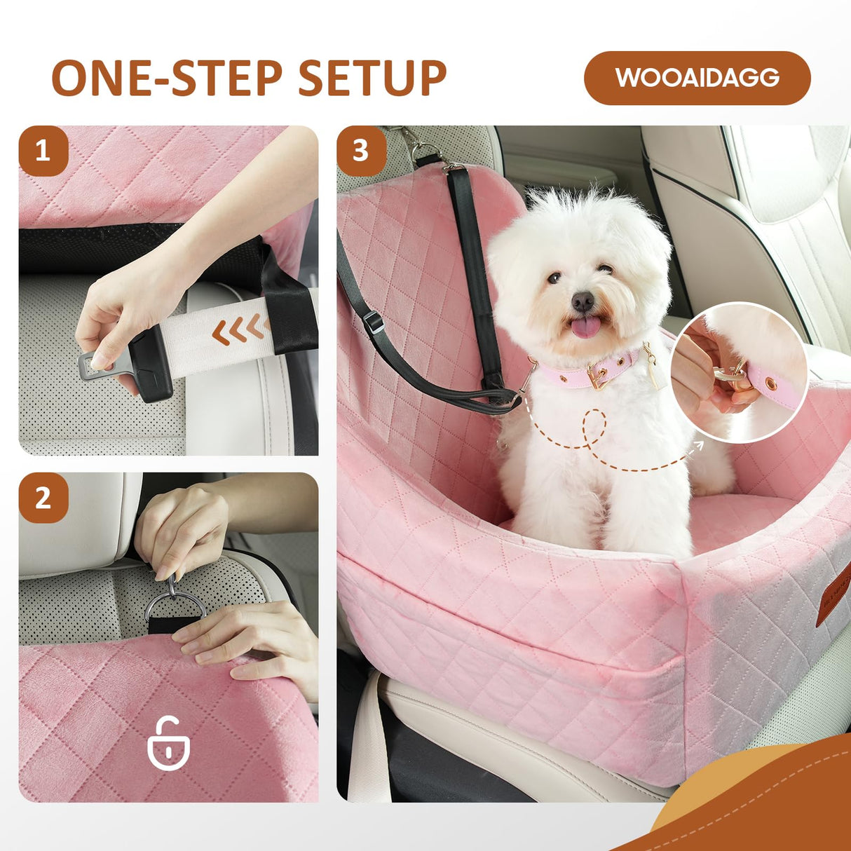 WOOAIDAGG Dog Car Seat for Medium Dogs, Pet Travel Bed with Seat Belt Channel, Fully Detachable and Washable, 3 Straps Easy to Install (Pink)