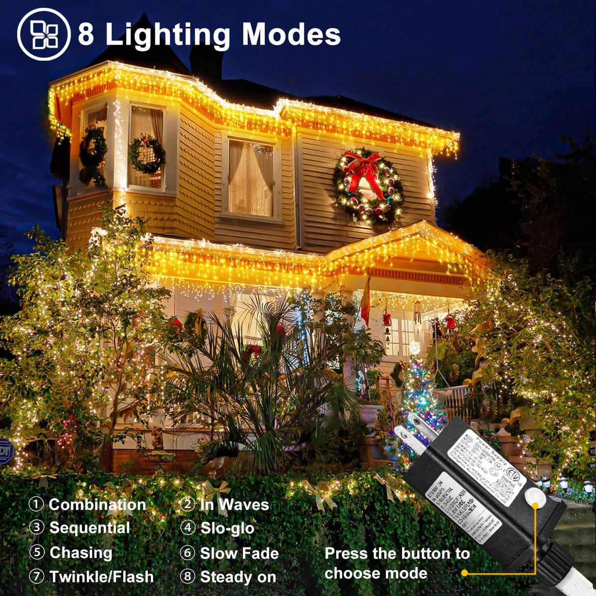 Christmas Icicle Lights Outdoor - 99ft 1216 LED 8 Modes Hanging Dripping Icicle String Lights with 228 Drops, Plug in Waterproof Timer Memory for Home Holiday Yard Wedding Party Indoor, Warm White