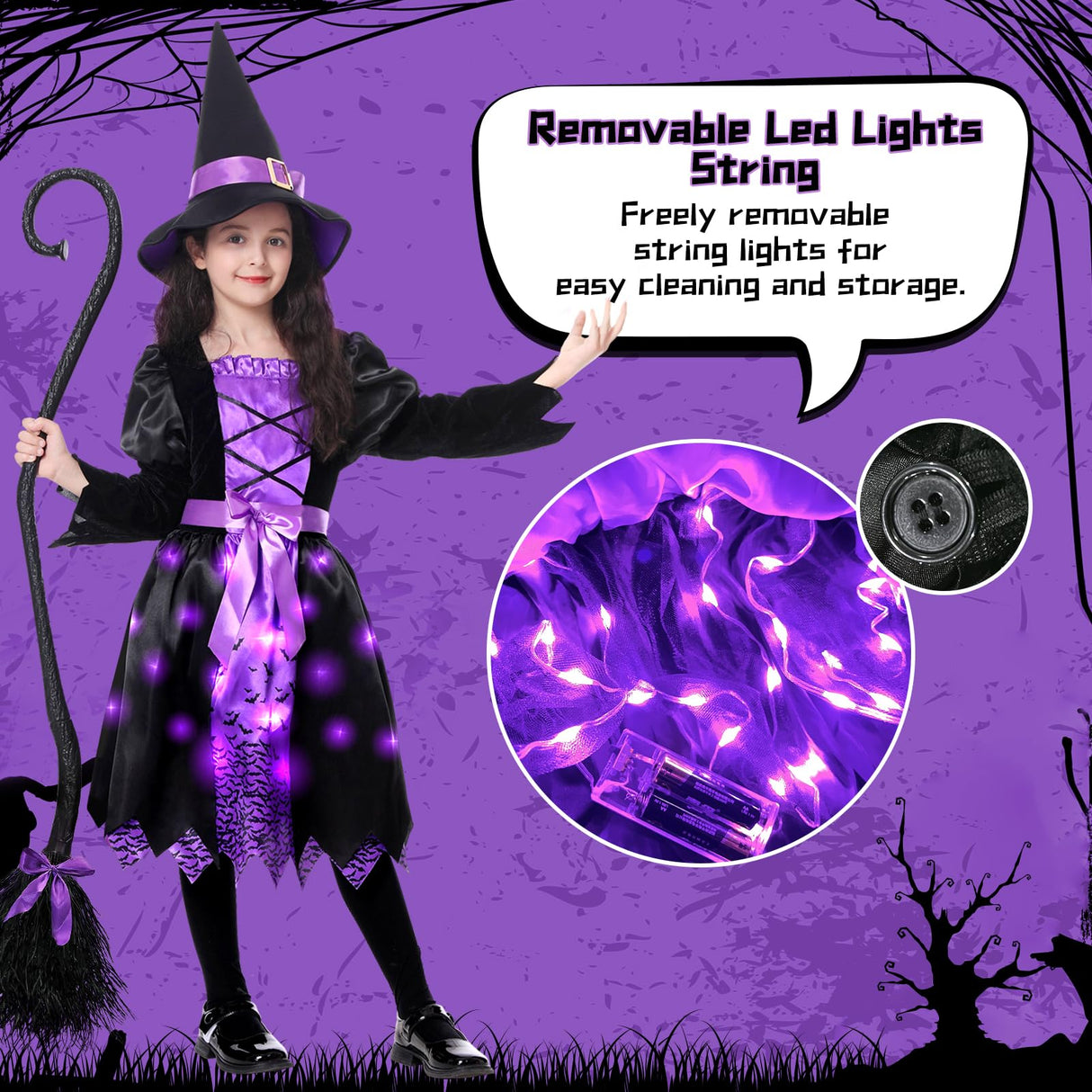 Light Up Halloween Girls Witch Costume, Toddler Witch Dress Set with Hat and Broom, Kids Witch Costumes for Halloween Themed Role-Play Party (Large)