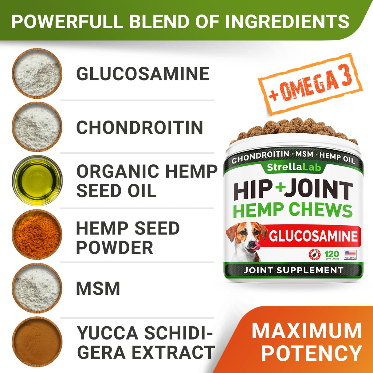 STRELLALAB Hemp Chews for Dogs - Hip & Joint Supplement with Glucosamine - Joint Pain Relief Treats - Omega 3, Chondroitin, MSM - Advanced Mobility Support - Chicken Flavor - 120 Ct - Made in USA