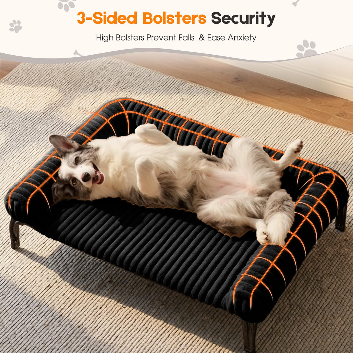 Elevated Dog Bed with Removable Fluffy Pillow Cushion, Raised Pet Cot Washable Bolster, Dog Couch Sofa, Anti Slip Feet, Matte Black, 36"×26"
