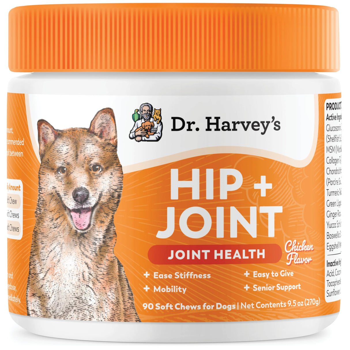 Dr. Harvey's Hip & Joint Soft Chews for Dogs, Daily Mobility Supplement Chewable Bites for Dogs with Glucosamine, Chondroitin & MSM, Green Lipped Mussel, Chicken Flavor (90 Chews)