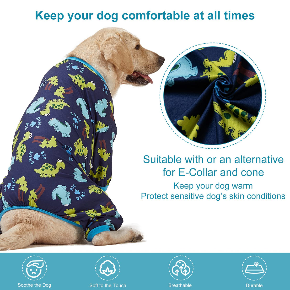 LovinPet Dog Clothing for Large Dogs: Dinosaur in The Jungle Print, Lightweight Stretchy Knit Pullover Puppy Pajamas, Big Dog Onesie. Large Breed Dog Jammies, Pet PJ's /3XL