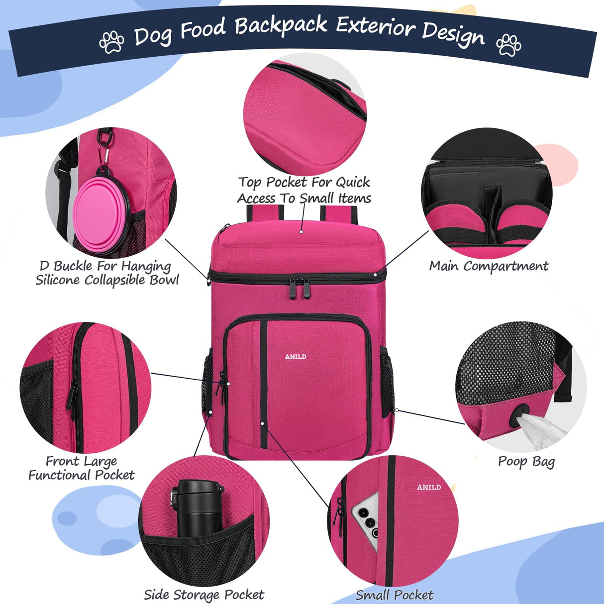 ANILD Dog Travel Backpack - Airline Approved Double-layer Pet Travel Bag Accessories with 2 Food Storage Bag and 2 Foldable Silicone Bowls for Hiking & Camping