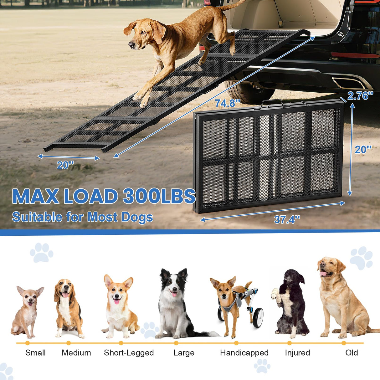 Dog Ramp for Car, 74"x 20" Large Folding Pet Stair Ramp with Non-Slip Mesh, Extra Wide Dog Steps for Medium & Large Dogs Up to 300LBS, Outdoor Portable Dogs Cars Ramp for Car SUV, Truck, RV
