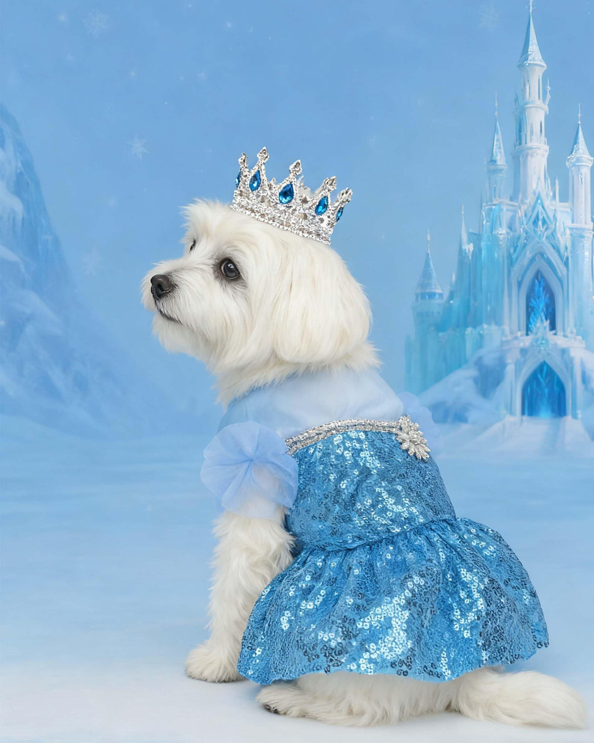 Littledropet Dog Snow Queen Princess Costume with Crown,Luxury Sequin Pet Birthday Party Princess Halloween Dress Up Cosplay Outfits for Small Medium Dogs Girls (Blue, S(Chest 14.5"|3-5Lbs))