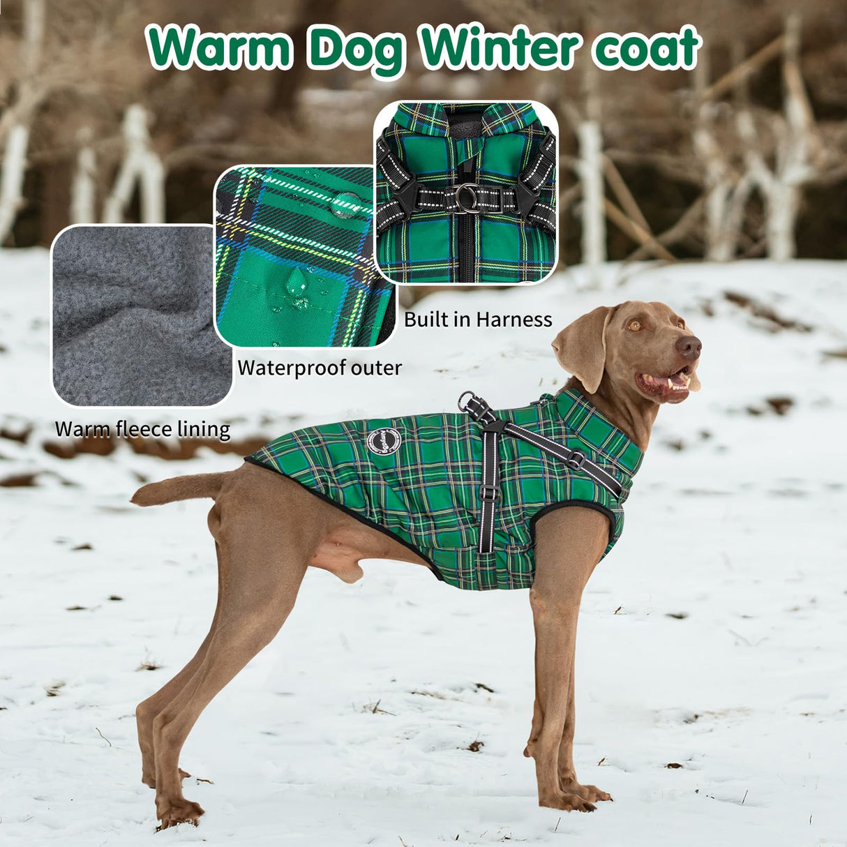 Aimydog Dog Coat with Harness Built in,Dog Winter Jacket with Padded Fleece,Reflective Waterproof Coat for Small Medium Dogs,Green L