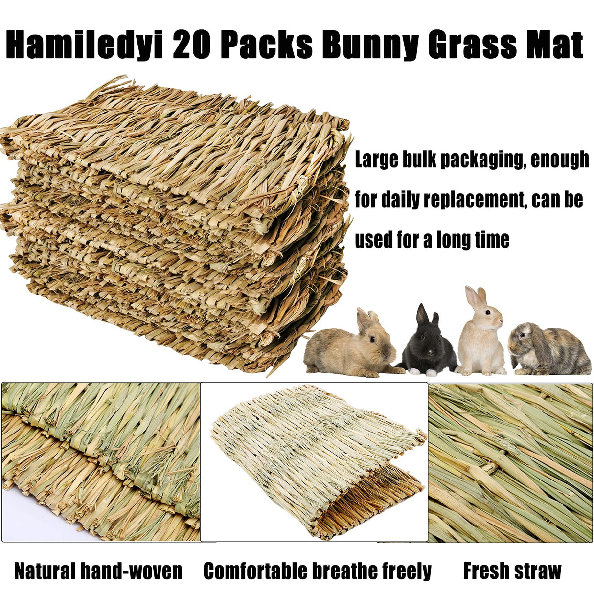 Hamiledyi 20 Pack Bunny Grass Mat Woven Bed Mat Natural Straw Hay Mats Rabbit Handmade Bedding Sleeping Grinding Nesting and Chewing Toy for Guinea Pig Hamster Chinchilla Squirrel Hedgehog