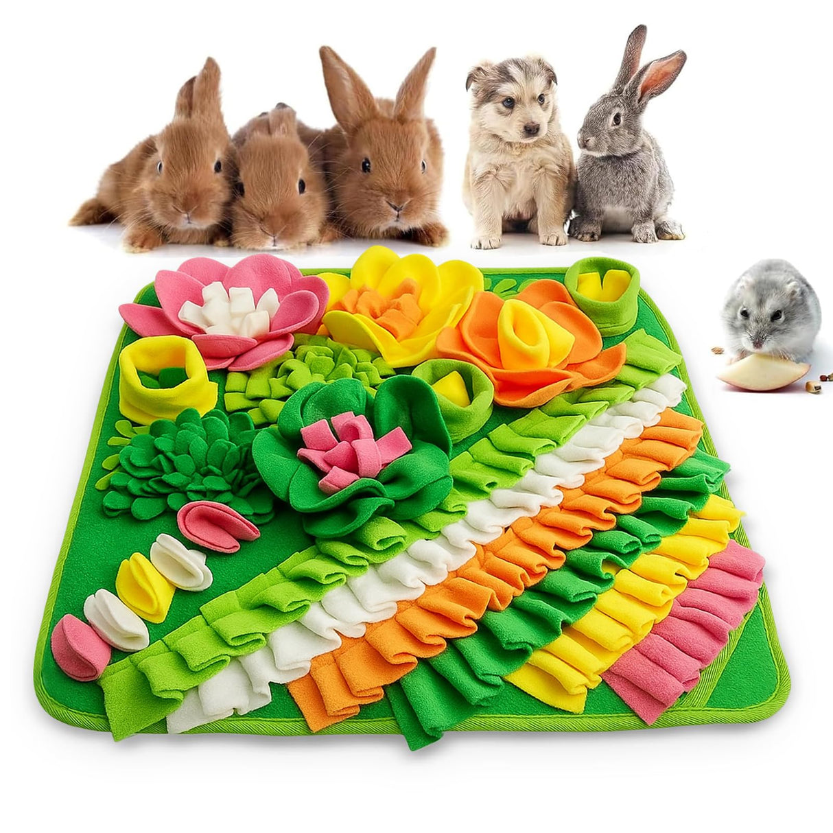 Adpartner Rabbit Foraging Mat, 20"x20" Pet Snuffle Mat Interactive Snuffle Feeding Toy for Rabbits Guinea Pigs Chinchillas, Washable Pet Feed Game Bunny Toys to Stimulate Natural Foraging Skills