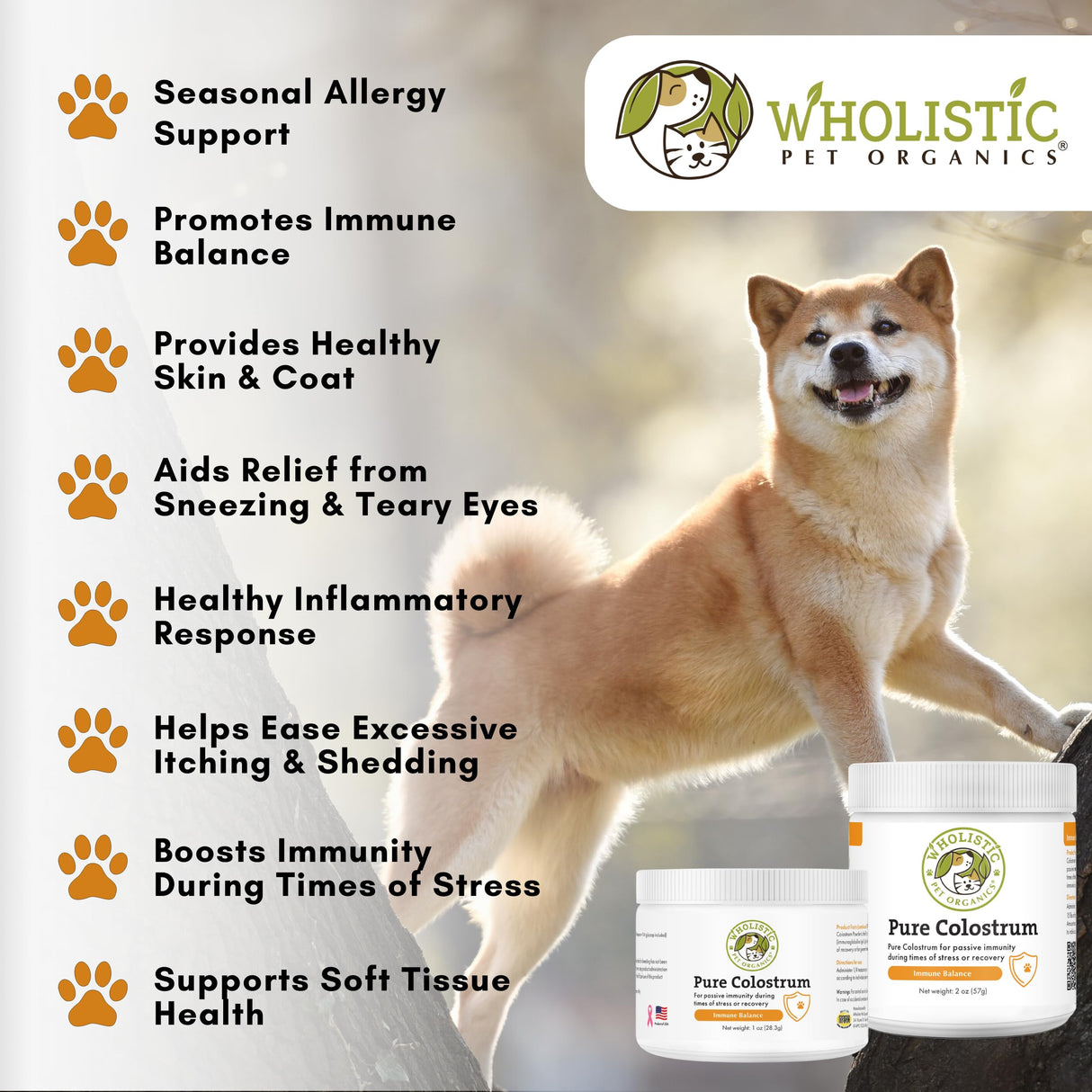 Wholistic Pet Organics Colostrum for Dogs & Cats - Bovine Colostrum Powder - Cat & Dog Allergy Relief, Immune Support & Itching Skin Relief - Cat and Dog Vitamins for Itchy Skin - 2 oz - 140 Scoops
