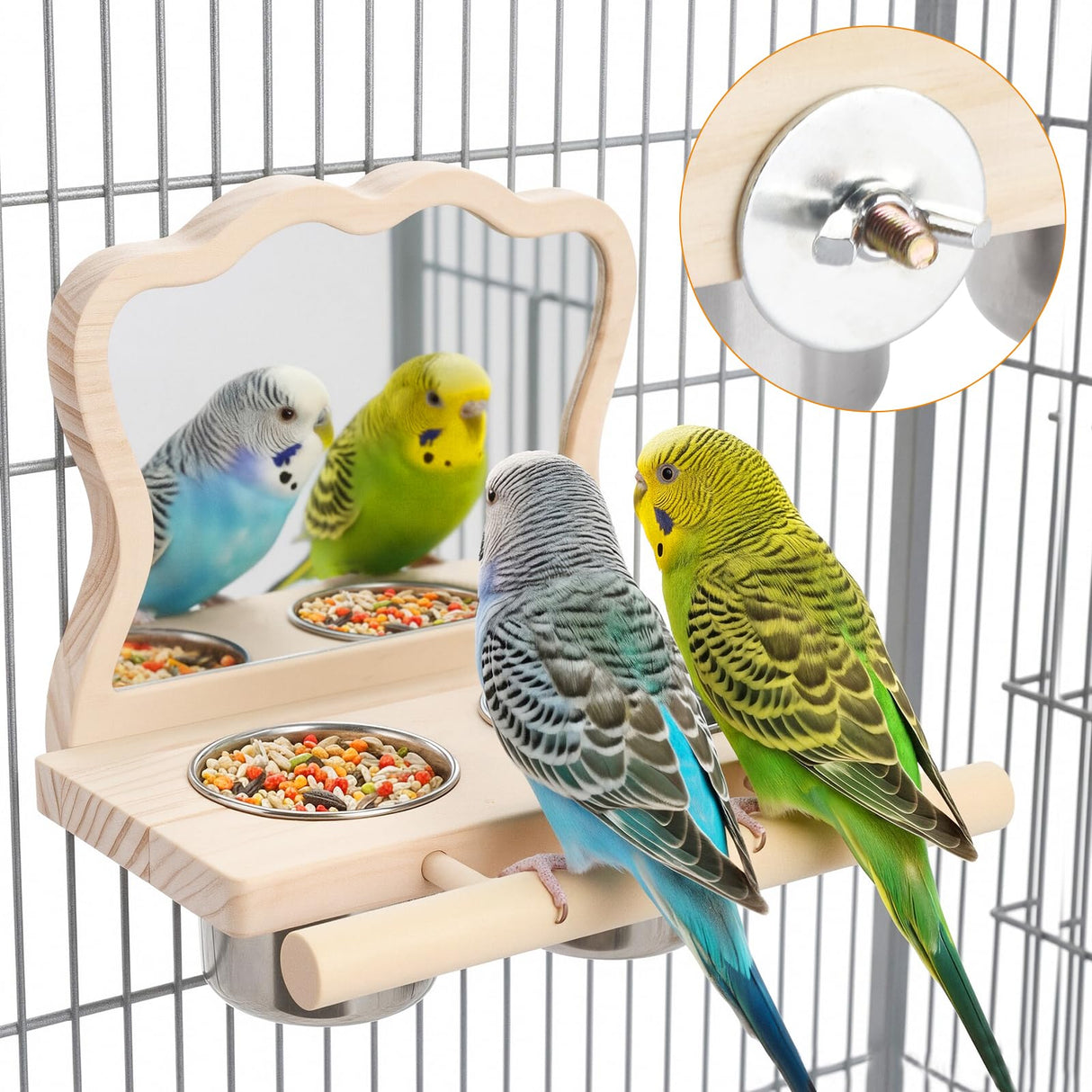 SMICEM Bird Perch Platform Toy with Mirror, Standing Rack & Stainless Steel Bowl - Wooden Play & Exercise Gym Stand, Cage Accessory for Cockatoos, Lovebirds, Budgies, Pacific Parrotlets & Canaries