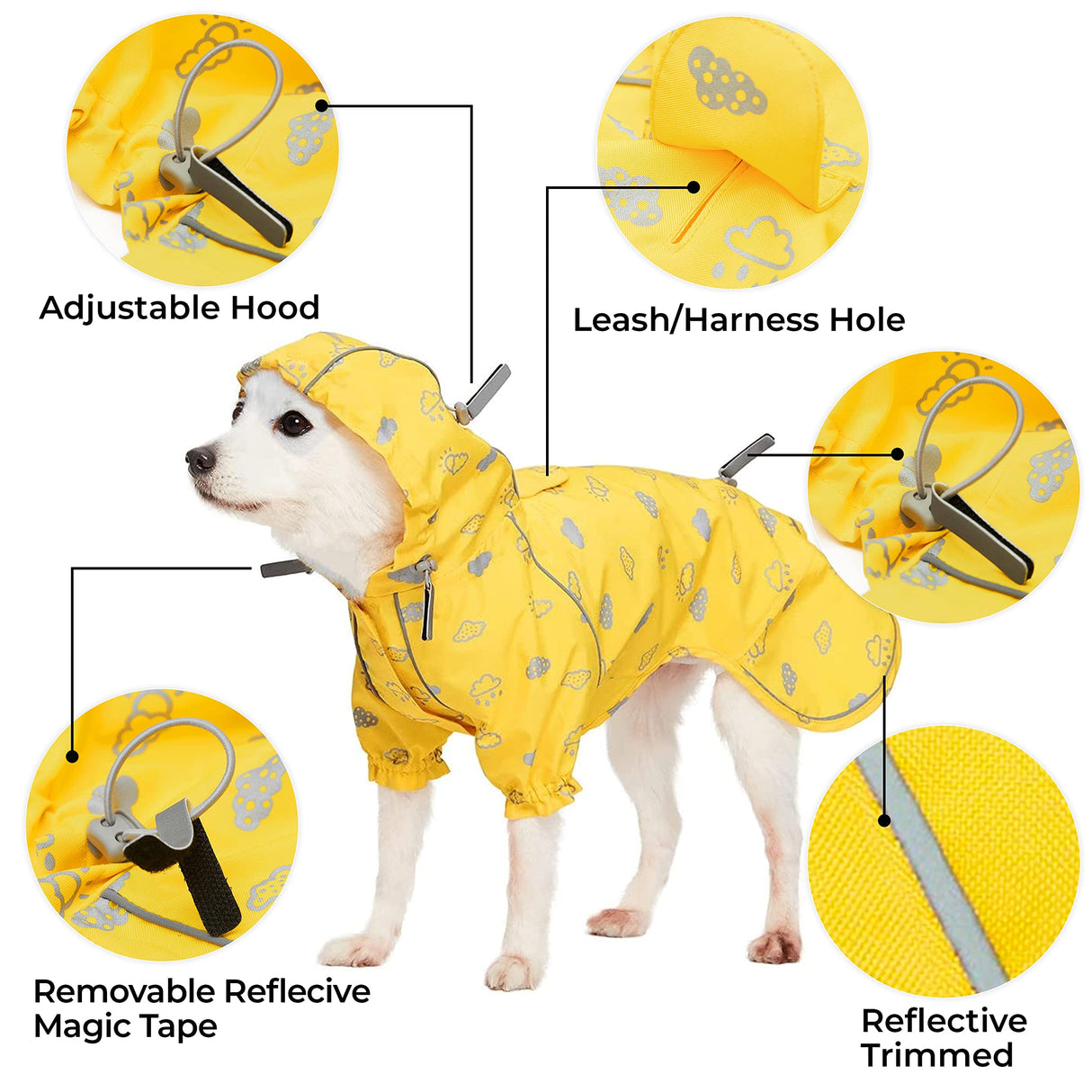 Blueberry Pet 14" Reflective Cloud Prints Lightweight Waterproof Dog Raincoat with Hood & Harness Hole, Sunflower Yellow, Outdoor Rain Gear Jacket 2 Legs for Dogs