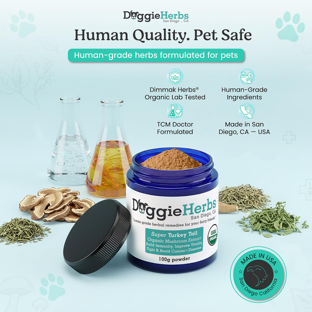 Doggie Herbs Organic Super Turkey Tail Mushroom Powder for Dogs- High Potency 550mg Beta Glucans Per Scoop- 100% Fruiting Body Extract (No Mycelium/Grain)- Immune Defense- Human Grade K9 Supplement