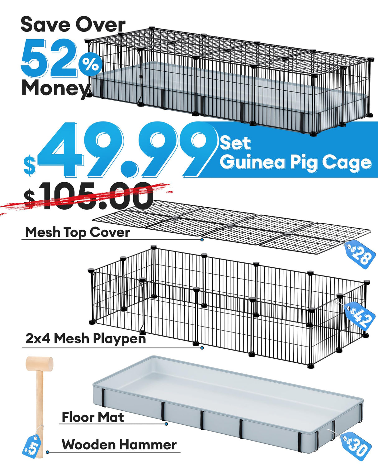 BUCATSTATE Guinea Pig Cages for 2, 20 Panels Guinea Pigs Playpen with Waterproof Mat, Metal Rabbit Cage Indoor for Hedgehogs, Quail, Chickens (56" L x 24" W x 12" H)