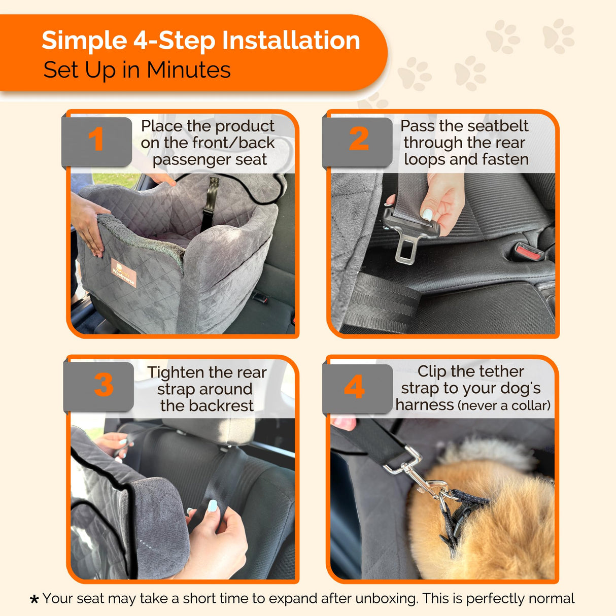 Yara’s Woofyverse Dog Seat for Car – Booster Seat for Small & Medium Dogs with Adjustable Cushions, Fur-Lined Headrest & 6-Pocket Storage – Portable Pet Car Seat for Front/Back Travel – Stone Shadow