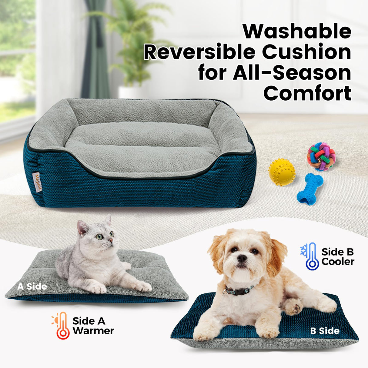Miguel Dog Bed with Removable Cushion/Pillow for Medium Small Dogs, Washable Pet Bed with Side Easy to Wash Puppy Bed, Large Rectangle Cat Bed for Indoor Cat with Anti-Slip Bottom, Blue 35 Inch