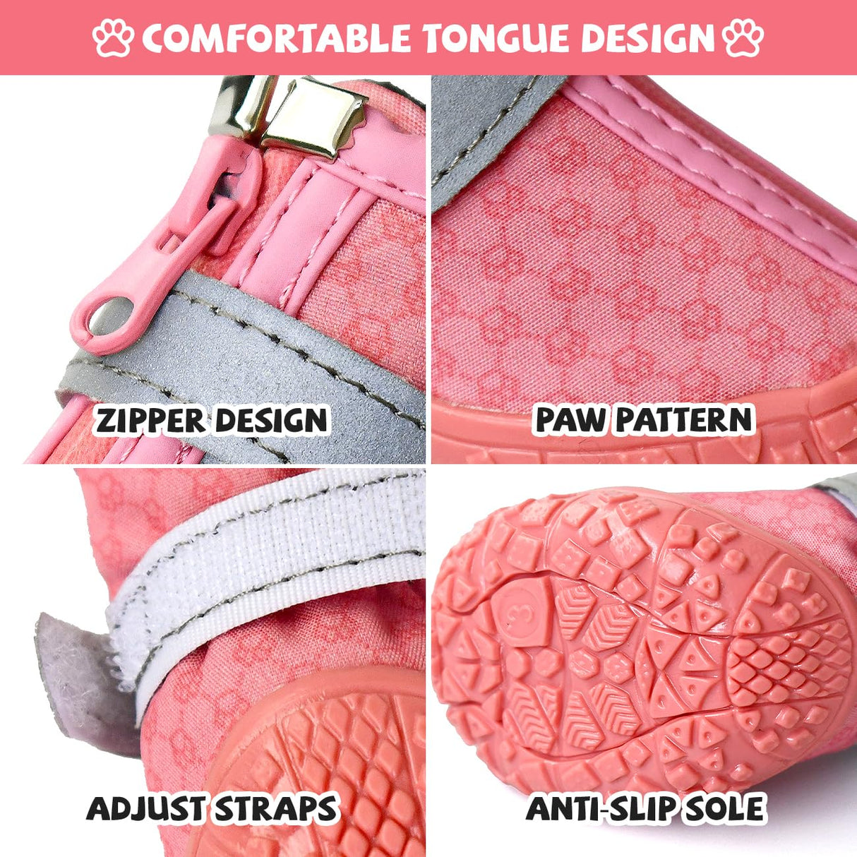 Pink Dog Shoes for Small Dogs, Anti-Slip Dog Boots with Reflective Strips, Puppy Paw Protectors for Ourdoor Indoor Walking Winter Snow Summer Hot Pavement, Waterproof in Rainy Weather 4PCS/Set