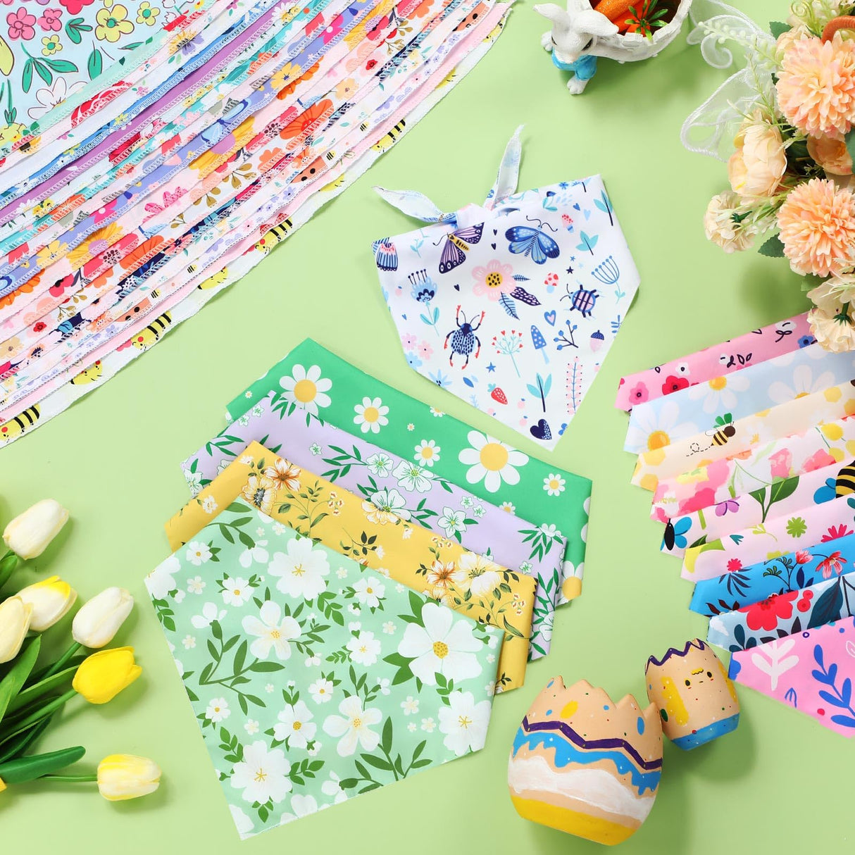 Geyoga 240 Pcs Spring Dog Bandanas Bulk St Patricks Pet Bandanas Adjustable Easter Triangle Dog Grooming Scarf Bibs Kerchief for Small Medium Large Cats Pet Costume(Floral)