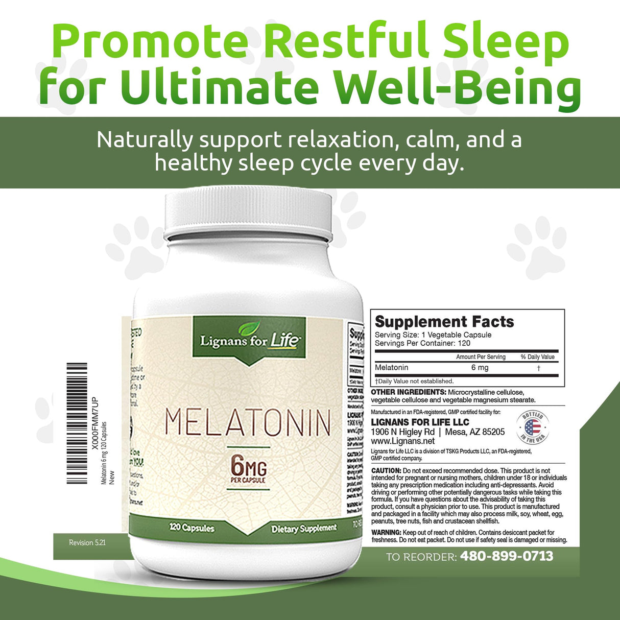 Lignans for Life Melatonin for Dogs & People, 6mg - 120 Capsules - Capsules - Pet Treats - Vitamins for Overall Health