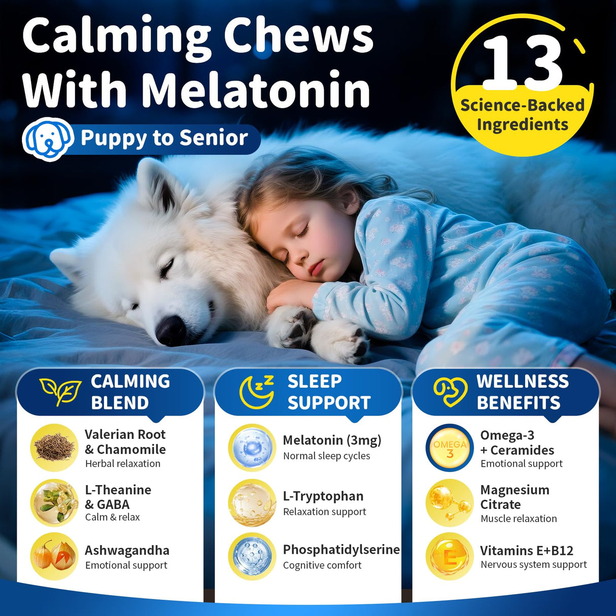 POPPAW Dog Melatonin Calming Chews for Nighttime Sleep, Natural Relaxation & Stress Support for Dogs & Puppies Calming Treats, Barking, Separation, Anxiety, Fireworks, Upgraded Bacon Flavor, 90Ct