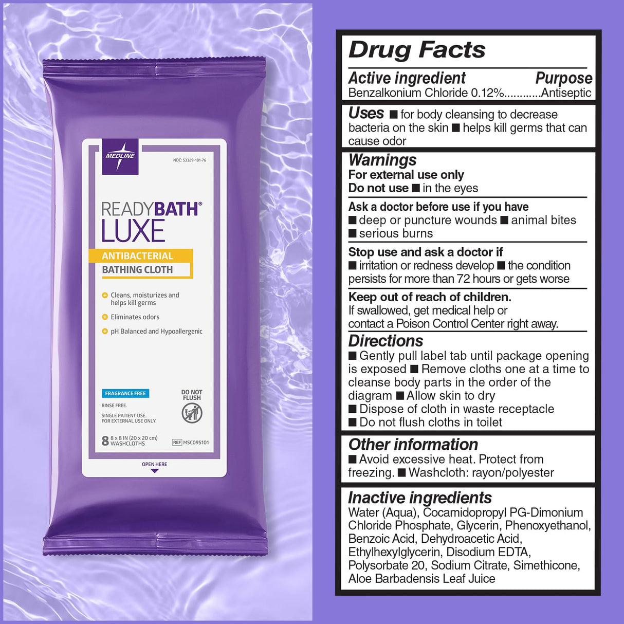 Medline ReadyBath LUXE Antibacterial Extra Thick Adult Bath Wipes, 192 Wipes (8 Wipes, 24 Packs), Unscented, No Rinse Formula with Aloe, Sensitive Skin, Hypoallergenic, Alcohol-Free, 8 x 8 Inch