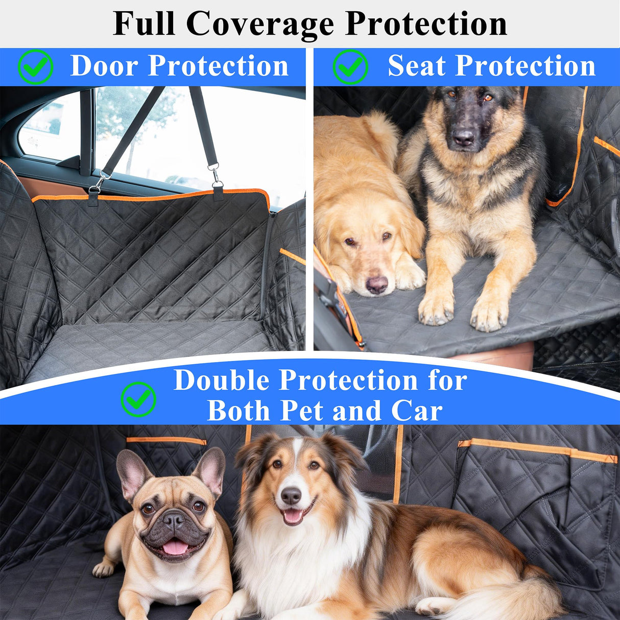 VIVASNIFF Hard Bottom Back Seat Extender for Dogs, Waterproof Dog Car Seat Cover, 420lb Support, 600D Heavy Duty Car Seat Protector Dog Hammock for Sedan, SUV, Small Truck(Black & Orange)
