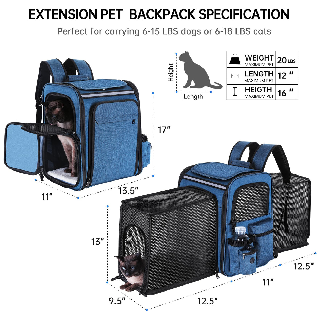 Groxkox Cat Carrier Backpack for Travel,Dog Carrier Backpack for Large cat, Small Dogs,Puppies Up to 20 Lbs,Expandable Cat Backpack for Outdoor Hiking,Pet Carrier Backpack,Cat Backpack Carrier (Blue)