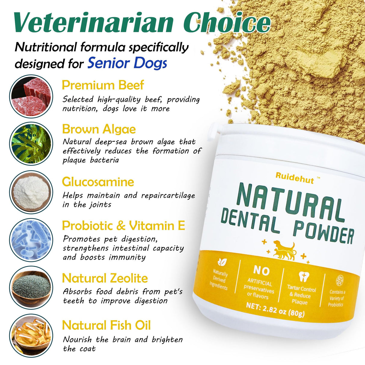 Senior Dog Dental & Supplement Powder - Contains Vitamin E, Glucosamine, Omega-3 and Probiotics - Effectively Removes Tartar Buildup, Supports Your Dog's Dental, Joint, and Digestive Health, 2.82 oz
