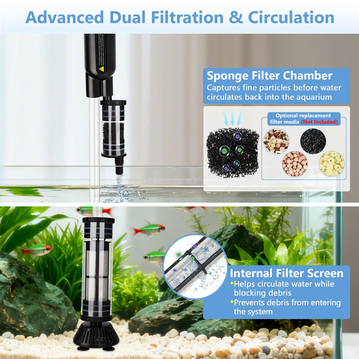 AQQA Upgraded DC 18W Electric Aquarium Vacuum Gravel Cleaner, Anti-Clog Pre-Filter Design, 7-in-1 Multifunctional Fish Tank Cleaning Kit for Dirt Removal, Water Change, Sand Washing, Turtle Shower