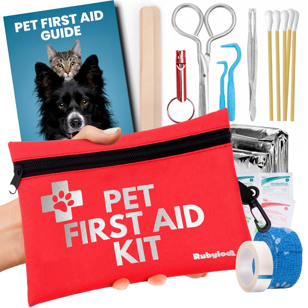 Dog First Aid Kit for Hiking & Travel - Vet Approved Emergency Supplies - Pet First Aid Kit Guide, Tick Remover, Thermal Blanket & More - Compact Dog Hiking Gear for Camping, Hunting, Backpacking