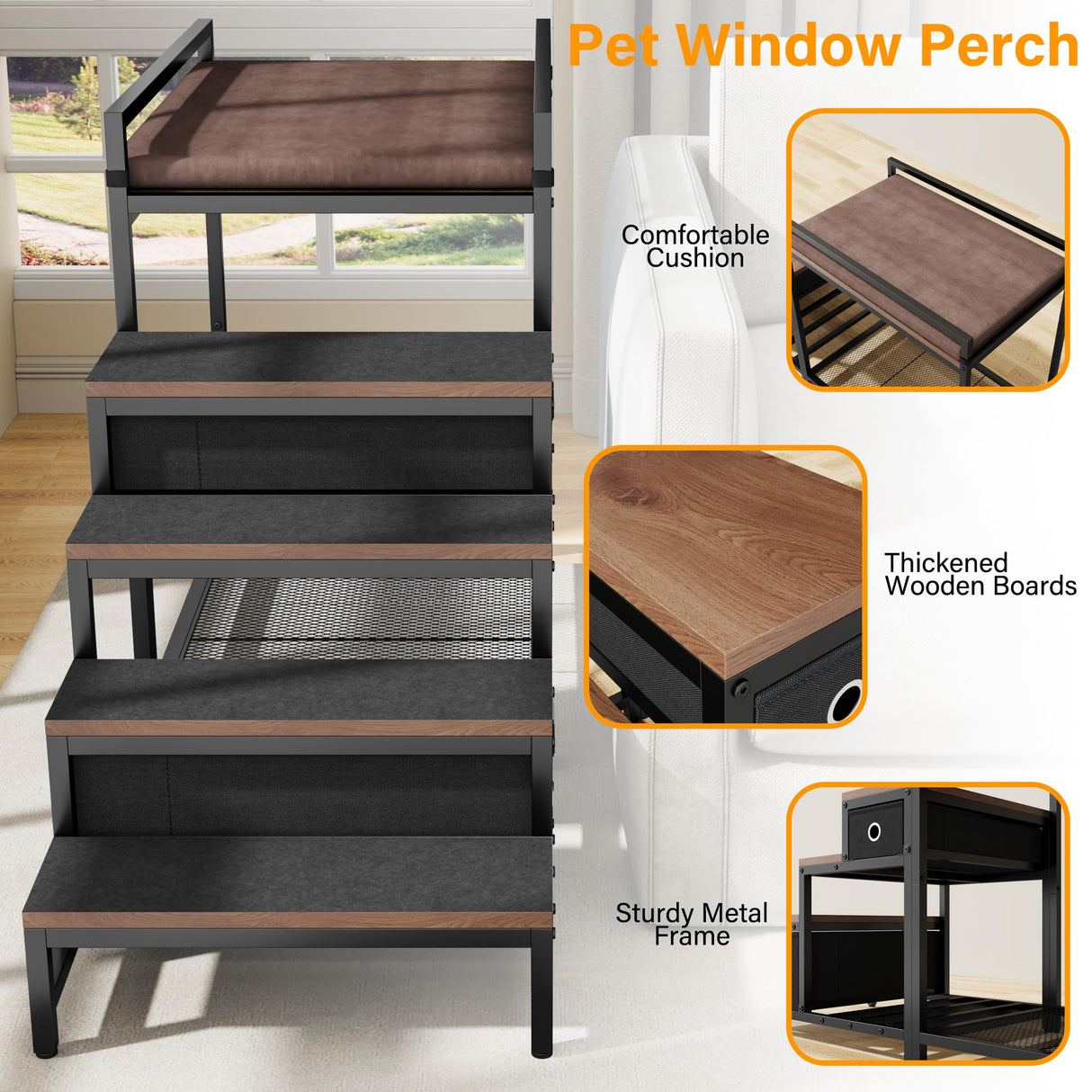 kepptory Pet Bunk Bed with Stairs and Storage, Dog Beds Attachment to Human Bed, Bedside Dogs Cot for Small, Medium Cats & Dogs, Pet Window Perch (Brown)