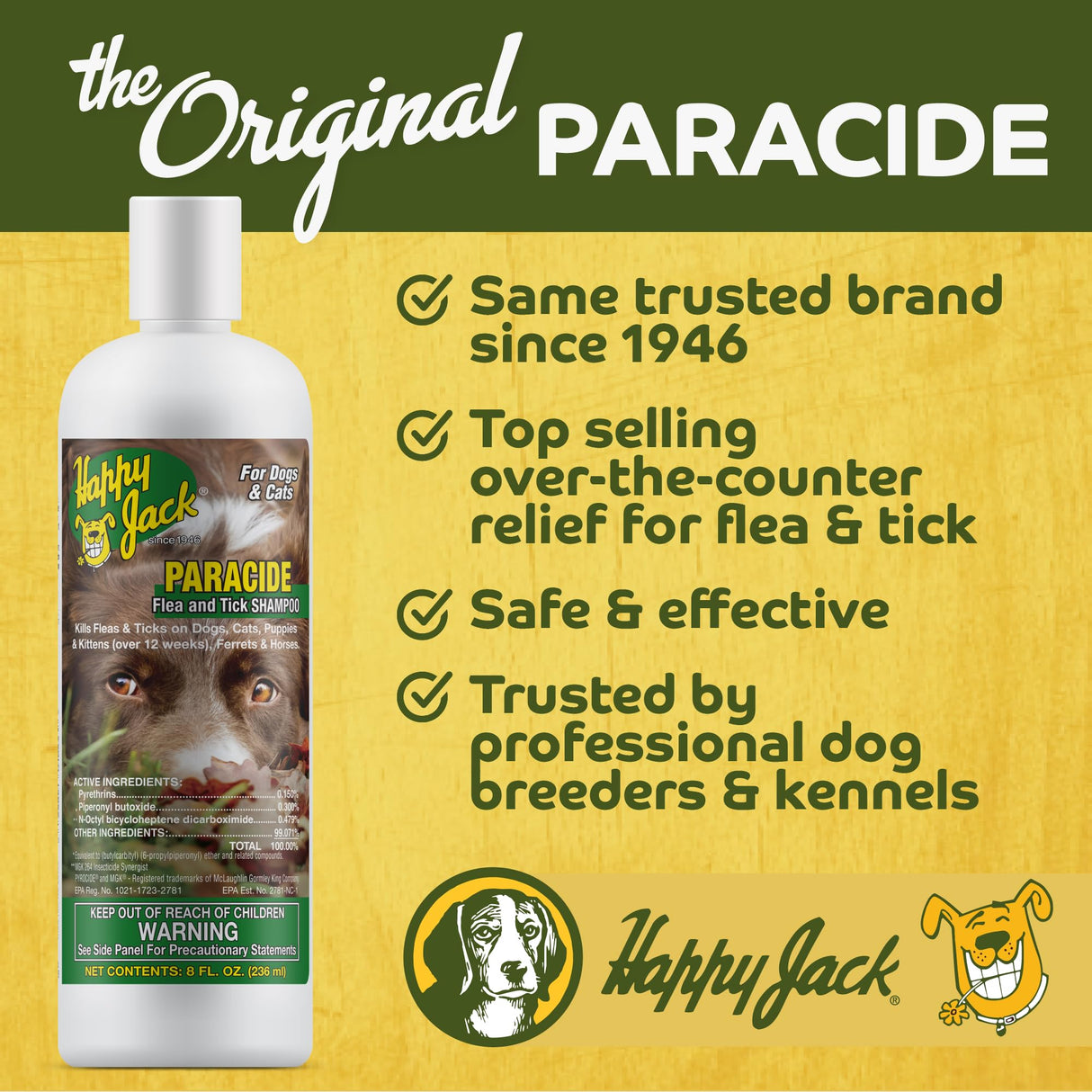 Happy Jack Paracide Flea & Tick Shampoo and Treatment for Dogs & Cats, Flea and Tick Prevention for Pets, 8 oz