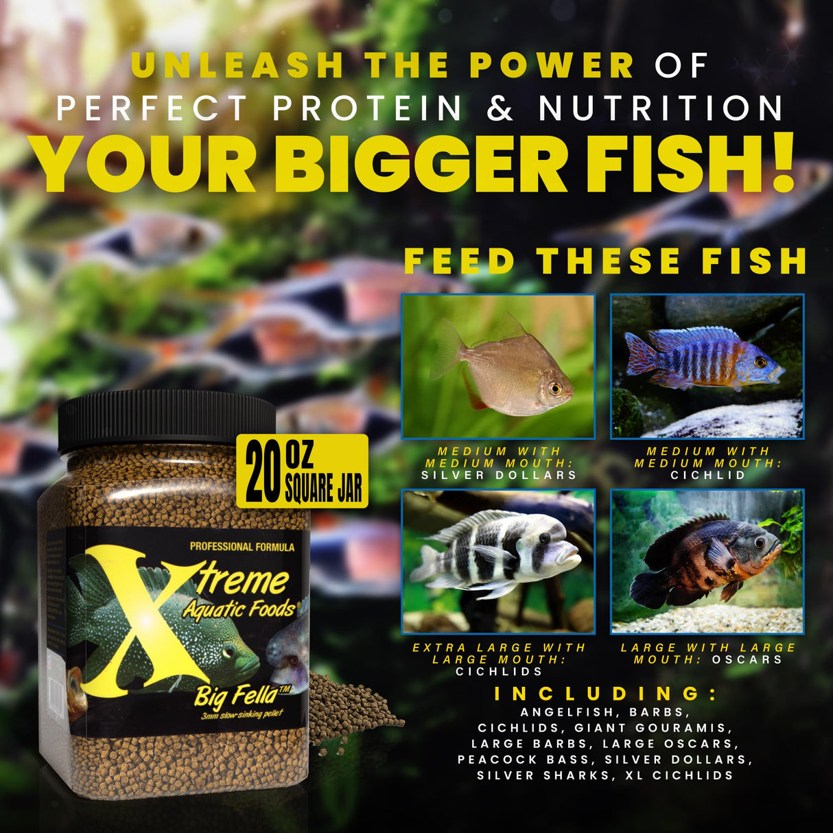 Xtreme Big Fella 3.0mm Pellets: Professional Nutrition for Medium to Large Cichlid/Community Fish - Boost Immune & Digestive Health, Color & Energy, Max Protein Fish Food β USA Farm Grown (20oz)