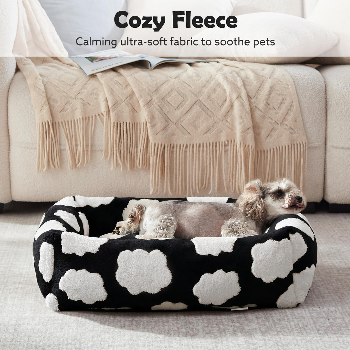 JOEJOY Large Dog Beds Large Sized Dog, Rectangle Washable Orthopedic Pet Bed with Removable Zipper Cover, Cute Soft Calming Puppy Pet Bed with Jacquard Shaggy Plush & Non Skid Bottom