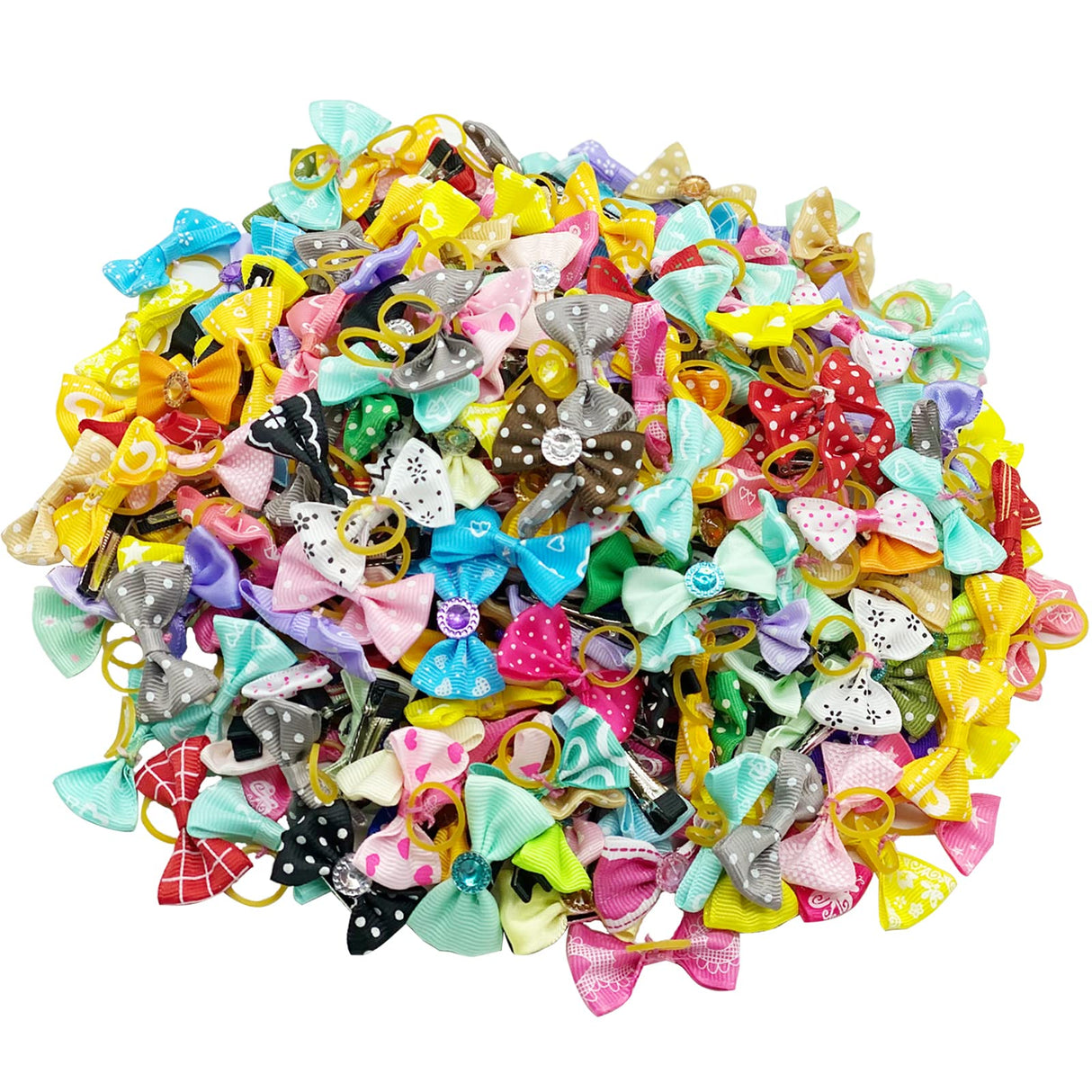 Dog Hair Bows, Random Mix Rubber Bands Metal Clips Styles Dog Bows with Rhinestone Pearls Flowers Topknot Mix Styles for Puppy Small Pets(Random 100 pcs)