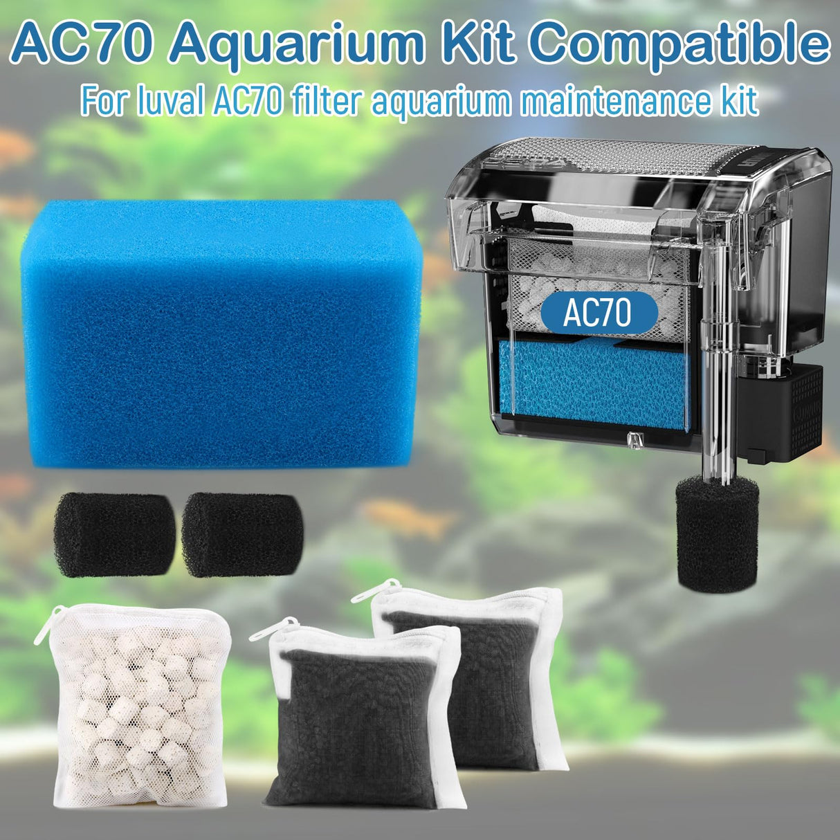 Aquarium Media Maintenance Kit Replacement for Fluval AC70 Power Filter, Includes 1 Blue Foam Filters, 2 Intake Strainer Sponge,1Pack Ceramic Rings and 2 Pack Activated Carbon, for 70 Gallon Aquariums