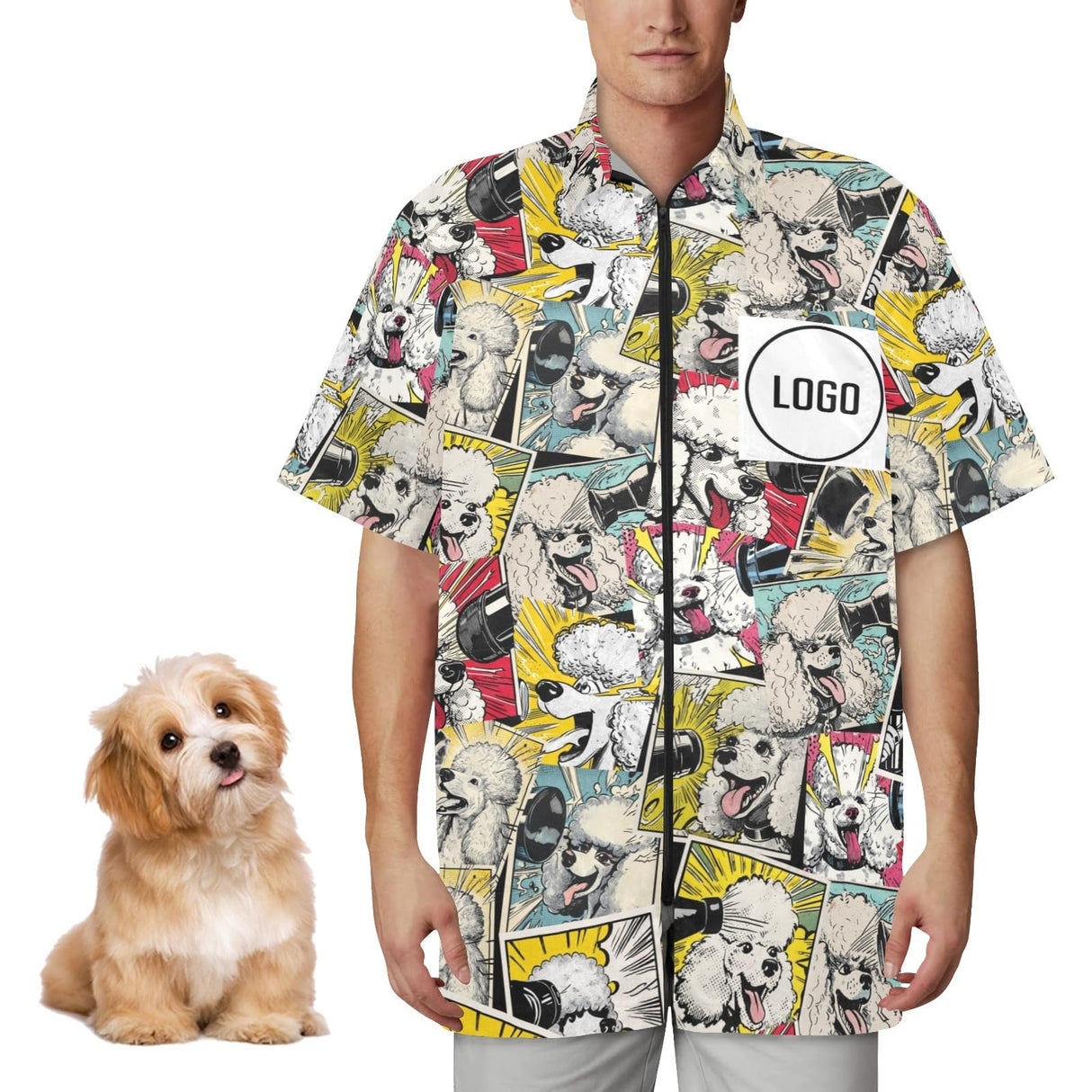 COWSROCK Custom Dog Grooming Smock with Cute Puppy Print – Waterproof, Hair-Resistant Jacket with Logo and Name, Full-Zip Uniform with Pockets for Groomers, Vets, and Pet Salons