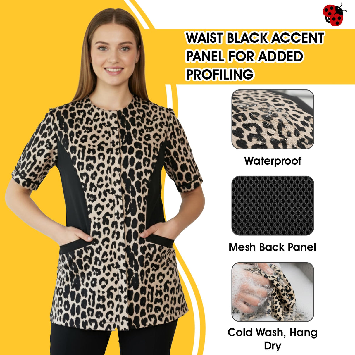 Ladybird Line 716 Leopard Print Waterproof Grooming & Styling Smock, Hair and Bleach Resistant with Covered Zipper Panel, Mesh Back, and Back Tie Belt - Ideal for Pet Groomers and Hair Stylists - 2XL