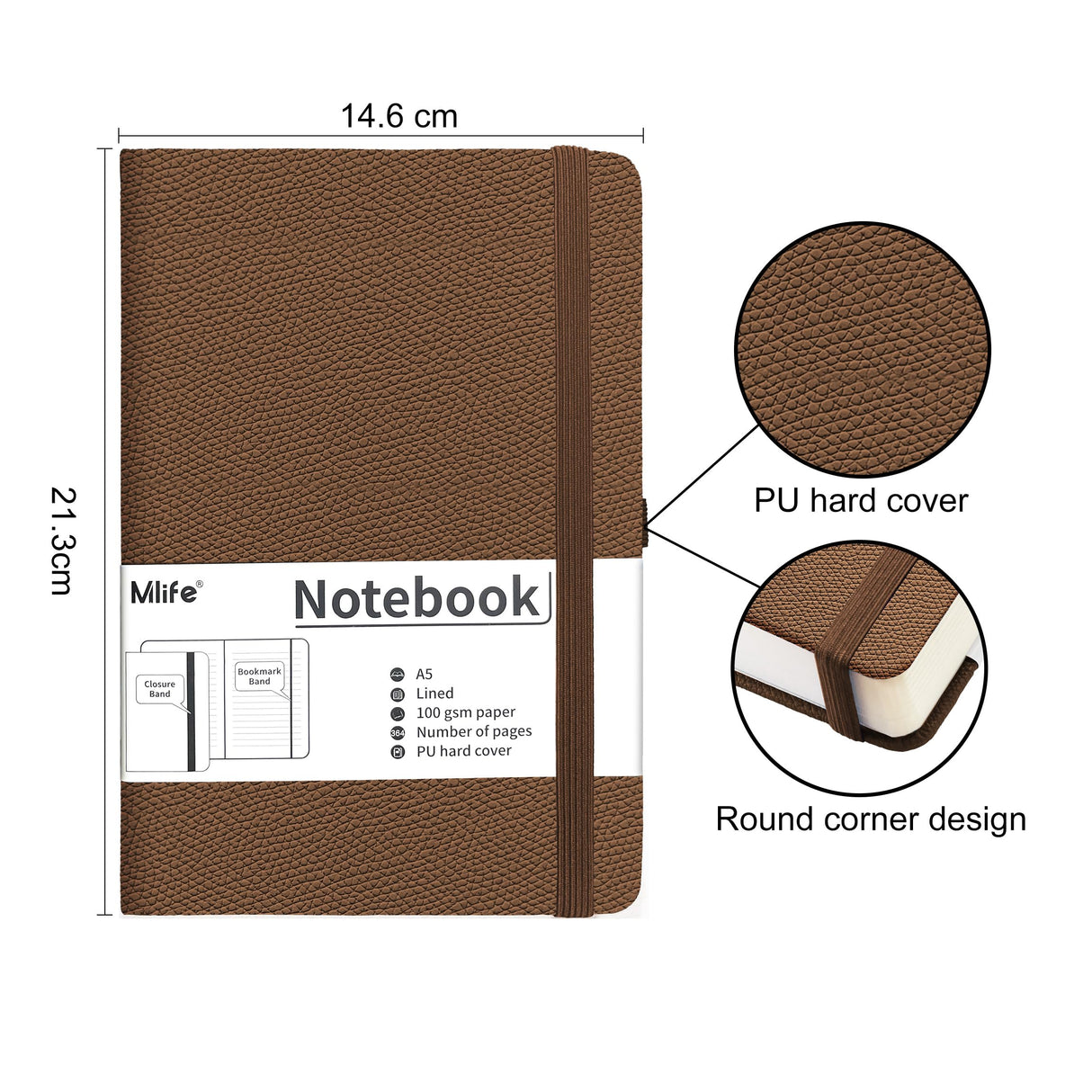 Mlife A5 Lined Journal Notebook,-360 Numbered Pages Thick Journal for Writing,100Gsm Premium Thick Paper,PU Hard Cover Notebooks College Ruled, Daily Journals for Men Women School Office(Brown)
