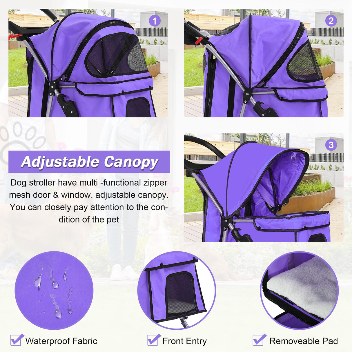 BLKMTY Folding Dog Stroller, 4 Wheels Pet Stroller, Foldable Cat Strollers Waterproof Travel Carrier Strolling Cart for Puppy Jogger with Cup Holder & Storage Basket, Purple