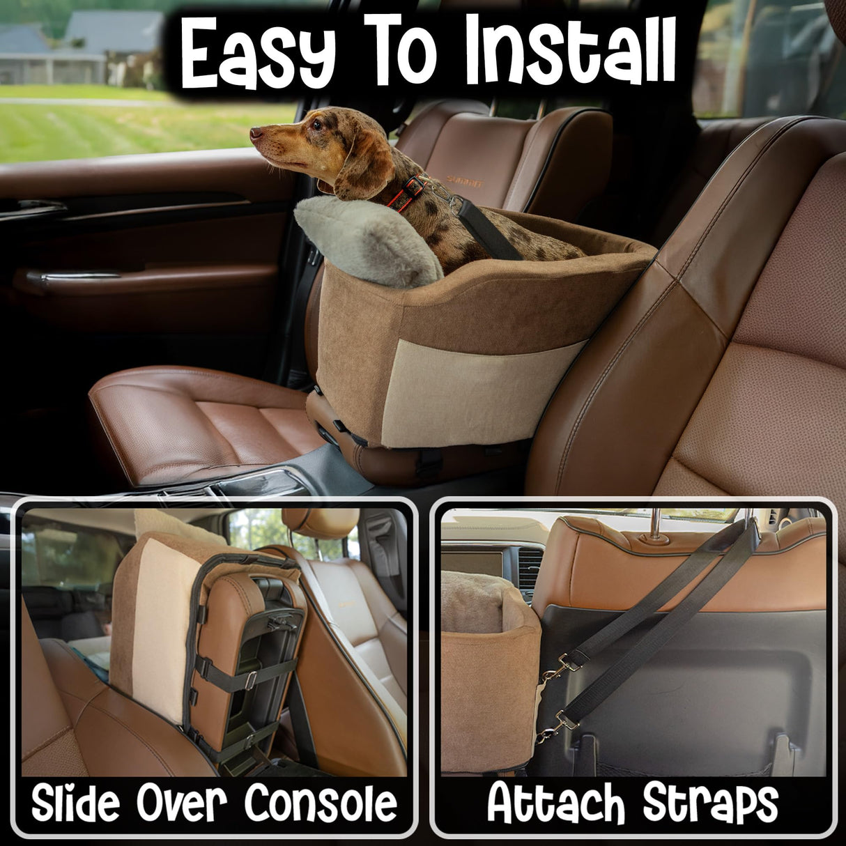Center Console Dog Car Seat | 11 lbs MAX | Safety Straps & Leash | Comfortable Foam and Plush Pillows | Adjustable Mount Design | Large Storage Pockets | Perfect for Small Pets & Cats (Brown)