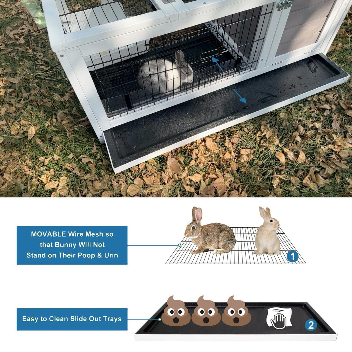 FunXplore Rabbit Hutch Indoor Outdoor Rabbit Cage Bunny Hutch with Casters, Urine Baffles Bottom Wire Floor Leakproof Tray Metal Feeder Openable Roof