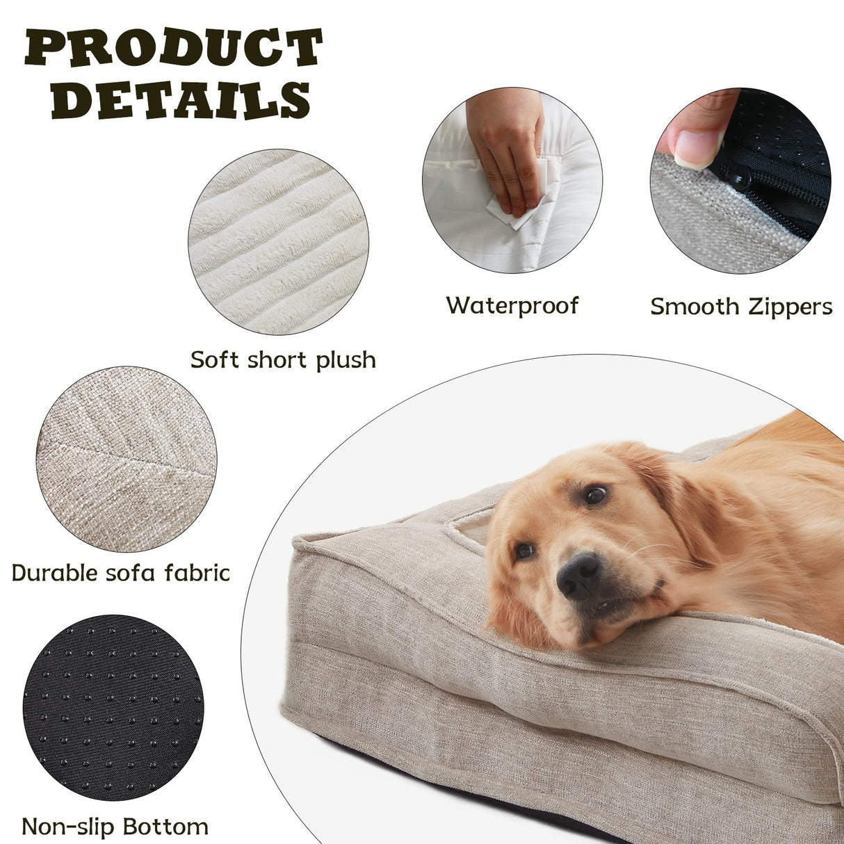 WINDRACING Orthopedic Dog Beds for Medium Dogs, Waterproof Egg Foam Dog Sofa Bed with L Bolster Sides, Washable Medium Pet Bed with Removable Cover & Non-Slip Bottom, 36 x 23 inch, Beige