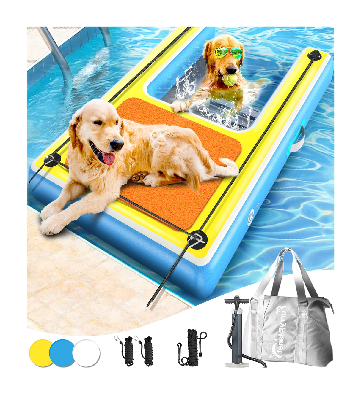 Upgrade Inflatable Dog Ramp,Multi-Use Dog Floats Ladder for Boat Pool Dock Lake,Non-Slip One-Piece Ramp Mesh Swimming Plank for Pup& Large Dogs Up to 240 lbs,Portable for Car Travel,Water Play