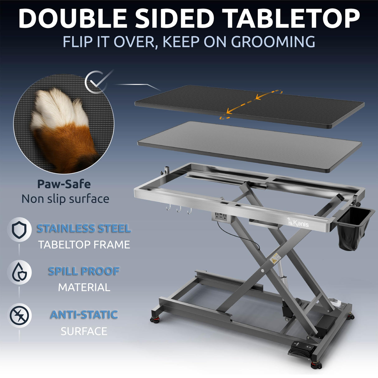 KANIS Professional Electric Dog Grooming Table - Heavy Duty, Height Adjustable Pet Grooming Table w/Leveling Wheels, Dog Grooming Arm, Anti Slip Tabletop & Tool Organizer (Grey, 49")