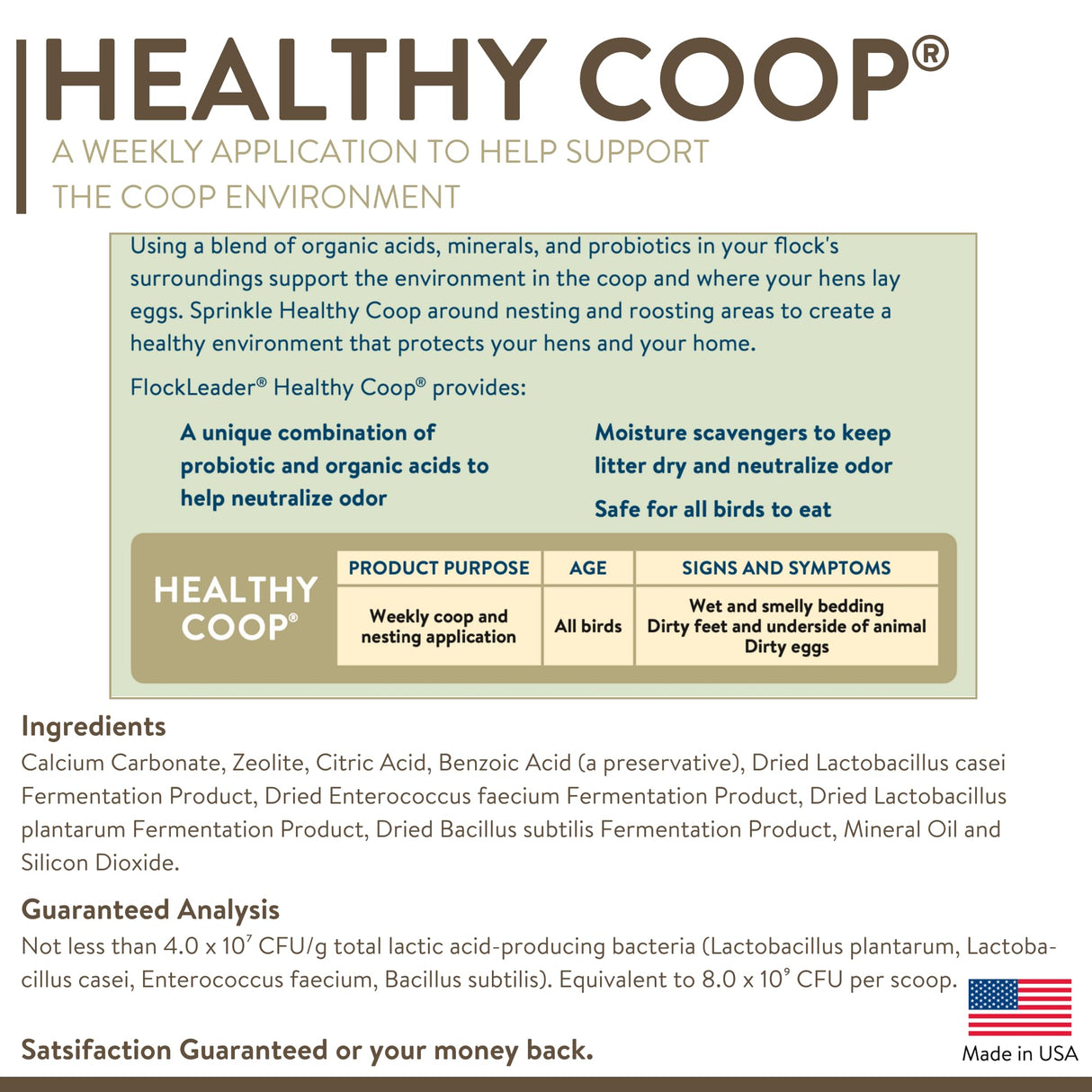 FLOCKLEADER Healthy Coop, Litter Additive for Chicken Coop with Probiotic & Acidifier, Reduces Odor, Wetness & Bacteria, 6lbs