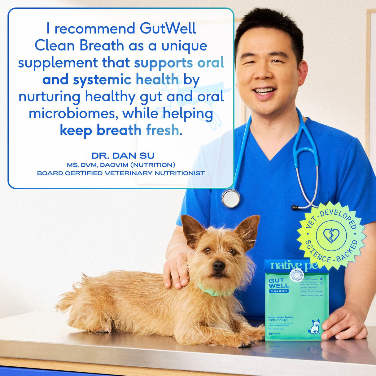 Native Pet GutWell Clean Breath - Dog Breath Freshener & Dog Dental Powder - Teeth Cleaning to Reduce Plaque & Tartar - Promotes Fresh Breath with Targeted Triple-biotic Dental Care Blend - 60 Scoops