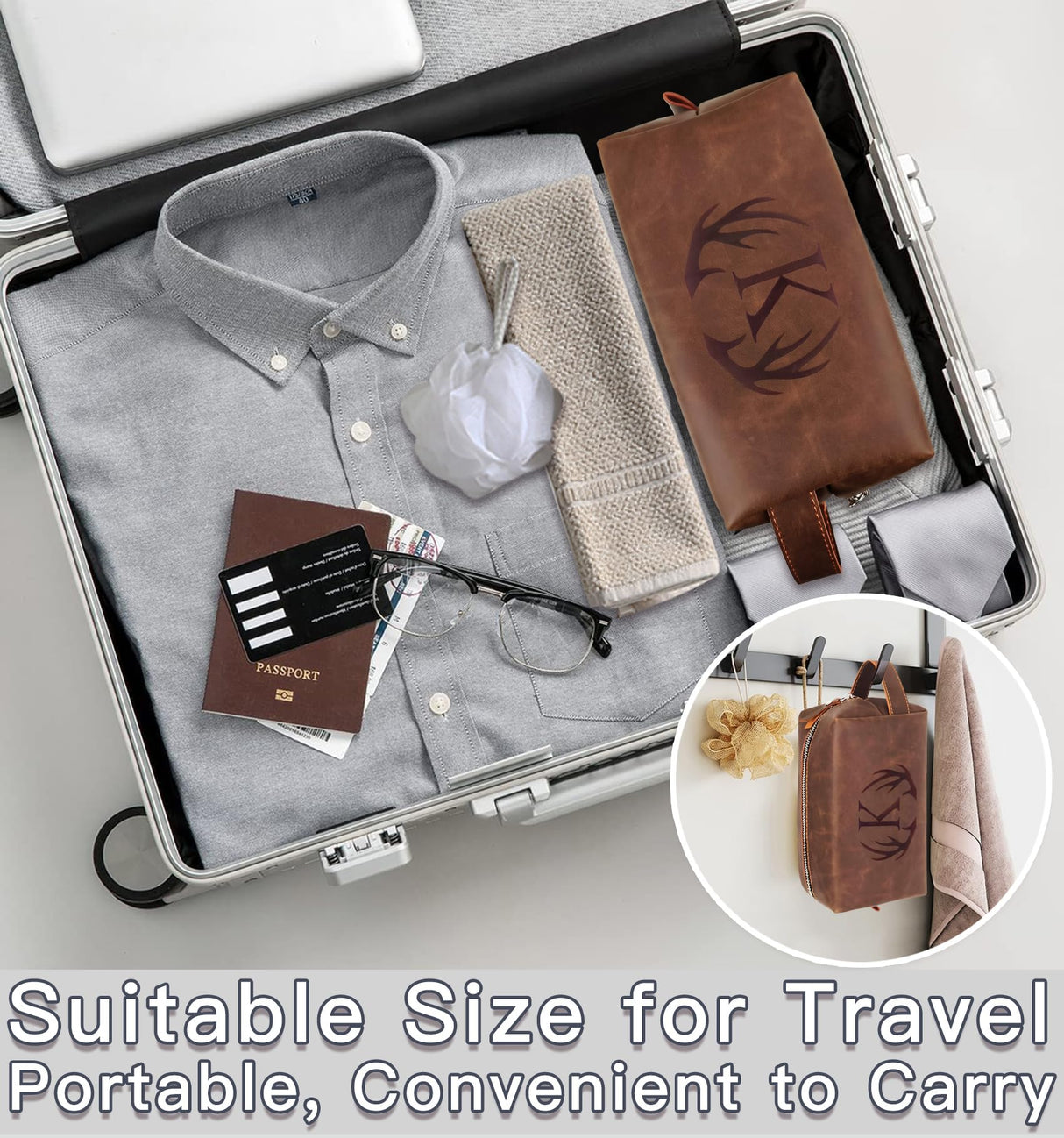 Aganmi Personalized Fathers Day Birthday Gifts for Men Father New Dad Papa Elderly Dad Travel Toiletry Bag Initial PU Leather Shaving Bag for Toiletries Accessories Travel Essential Storage Bag (C)