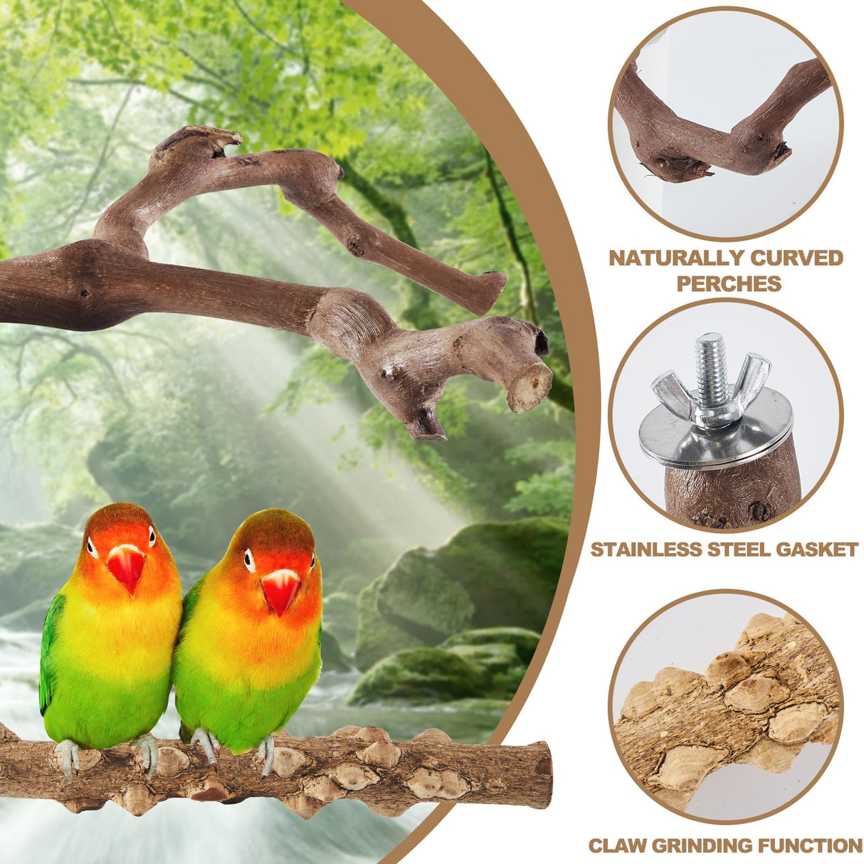 LIMIO 6-Piece Bird Perch Set - Natural Wood Grape Sticks, Paw Grinding Forks, Bird Stand & Toys for Parakeets, Cockatiels, Conure, Budgies