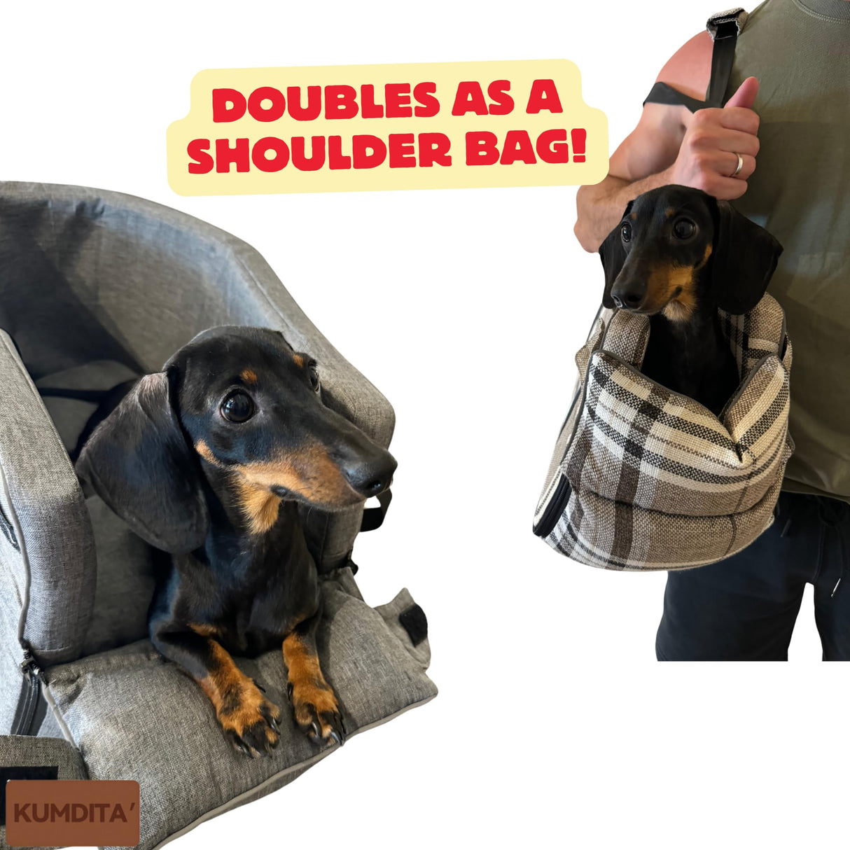 Kumdita' Center Console Dog Car Seat & Carrier for Small Dogs & Cats – Portable Booster with Sewn-in Leash, Machine Washable, Fits Most Vehicles (Classic Beige Check)